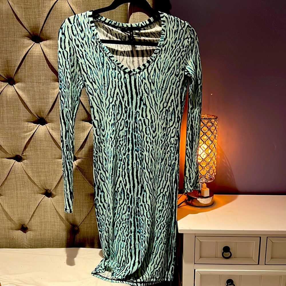 Print dress in blue aqua and greens.